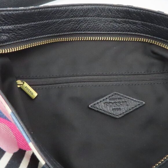 Fossil Maya Hobo Black Pebbled Leather Stripe Flower Floral Canvas Shoulder Bag - Picture 12 of 16